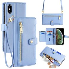 Per iPhone XS Max Custodia per telefono in pelle con cerniera e tracolla con texture di pecora (blu)