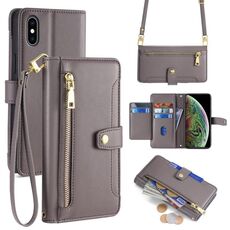 Per iPhone XS Max Custodia per telefono in pelle con cerniera a tracolla con texture di pecora (grigio)