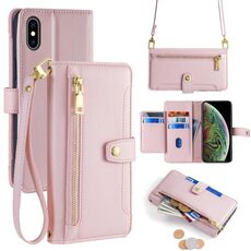 Per iPhone XS Max Custodia per telefono in pelle con cerniera e tracolla con texture di pecora (rosa)