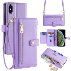 Per iPhone XS Max Custodia per telefono in pelle con cerniera a tracolla con texture di pecora (viola)