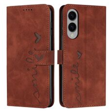 Per Samsung Galaxy S25 Edge 5G Custodia in pelle con stampa a cuore e cordino lungo (marrone)