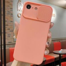 Per iPhone 16e Custodia per telefono in silicone liquido TPU con protezione per fotocamera scorrevole (rosa arancione)