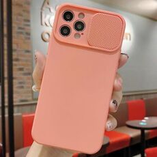 Per iPhone 15 Pro Custodia per telefono in silicone liquido TPU con protezione per fotocamera scorrevole (rosa arancione)