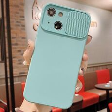 Per iPhone 15 Plus Custodia per telefono in silicone liquido TPU con protezione per fotocamera scorrevole (blu ghiaccio)