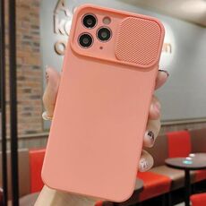 Per iPhone 11 Pro Max Custodia per telefono in silicone liquido TPU con protezione per fotocamera scorrevole (rosa arancione)