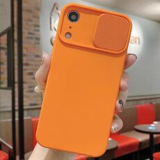 Per iPhone XR Custodia per telefono in silicone liquido TPU con protezione per fotocamera scorrevole (arancione)