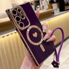 Per Samsung Galaxy S25 Ultra 5G Pupil Side Heart MagSafe Custodia per telefono galvanica con cordino (viola scuro)