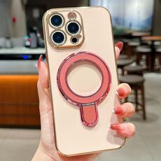 Per iPhone 15 Pro Custodia per telefono con supporto in metallo elettroplaccato tinta unita (rosa)