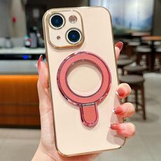 Per iPhone 15 Plus Custodia per telefono con supporto in metallo elettroplaccato tinta unita (rosa)