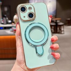 Per iPhone 15 Plus Custodia per telefono con supporto in metallo elettroplaccato a tinta unita (verde chiaro)