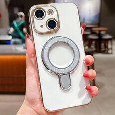 Per iPhone 15 Plus Custodia per telefono con supporto in metallo elettroplaccato a tinta unita (argento bianco)