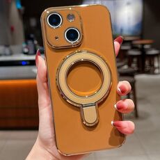 Per iPhone 15 Plus Custodia per telefono con supporto in metallo elettroplaccato a tinta unita (marrone)