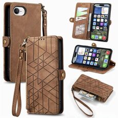 Per iPhone 16e Custodia per telefono in pelle con fibbia laterale con cerniera geometrica (marrone)