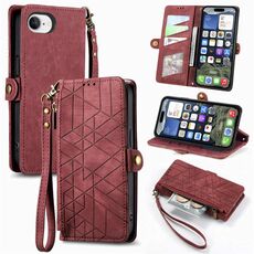 Per iPhone 16e Custodia per telefono in pelle con fibbia laterale con cerniera geometrica (rosso)