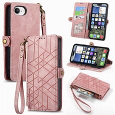 Per iPhone 16e Custodia per telefono in pelle con fibbia laterale con cerniera geometrica (rosa)