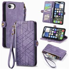 Per iPhone 16e Custodia per telefono in pelle con fibbia laterale con cerniera geometrica (viola)