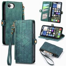 Per iPhone 16e Custodia per telefono in pelle con fibbia laterale con cerniera geometrica (verde)