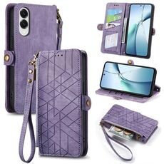 Per Samsung Galaxy S25 Edge 5G Custodia per telefono in pelle con fibbia laterale con cerniera geometrica (viola)