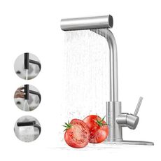 Rubinetto da cucina estraibile a cascata con 4 modalità, miscelatore per acqua calda/fredda con base (argento spazzolato)