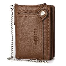 Dibaoleiou Portafoglio antifurto da uomo con catena, portamonete retrò, porta patente, porta monete con cerniera (marrone)