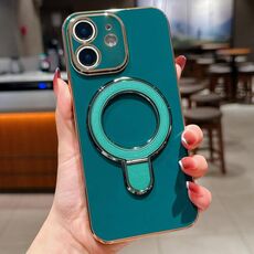 Per iPhone 12 Custodia per telefono con supporto in metallo elettroplaccato a tinta unita (verde scuro)