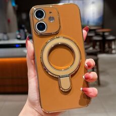 Per iPhone 12 Custodia per telefono con supporto in metallo elettroplaccato a tinta unita (marrone)