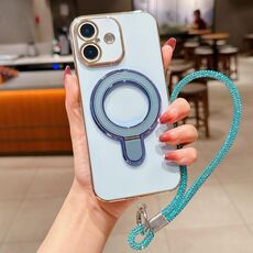 Per iPhone 16 Plus Custodia per telefono con supporto in metallo elettroplaccato a tinta unita con cordino (blu Sierra)