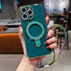 Per iPhone 15 Pro Custodia per telefono con supporto in metallo elettroplaccato a tinta unita con cordino (verde scuro)