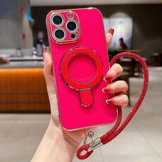 Per iPhone 15 Pro Custodia per telefono con supporto in metallo elettroplaccato a tinta unita con cordino (rosso rosa)