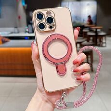 Per iPhone 15 Pro Custodia per telefono con supporto in metallo elettroplaccato a tinta unita con cordino (rosa)