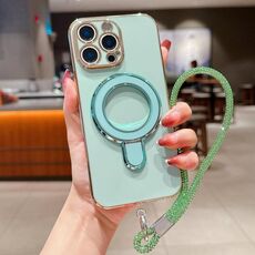 Per iPhone 15 Pro Custodia per telefono con supporto in metallo elettroplaccato a tinta unita con cordino (verde chiaro)