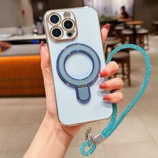 Per iPhone 15 Pro Custodia per telefono con supporto in metallo elettroplaccato a tinta unita con cordino (blu Sierra)