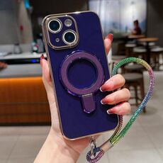 Per iPhone 15 Plus Custodia per telefono con supporto in metallo elettroplaccato tinta unita con cordino (viola scuro)