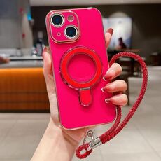 Per iPhone 15 Plus Custodia per telefono con supporto in metallo elettroplaccato a tinta unita con cordino (rosso rosa)