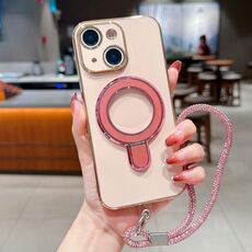 Per iPhone 15 Plus Custodia per telefono con supporto in metallo elettroplaccato tinta unita con cordino (rosa)