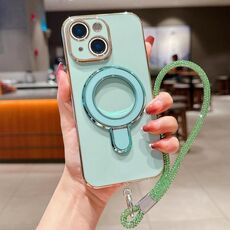 Per iPhone 15 Plus Custodia per telefono con supporto in metallo elettroplaccato tinta unita con cordino (verde chiaro)