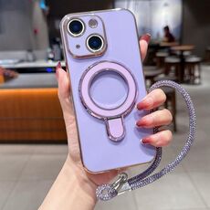 Per iPhone 15 Plus Custodia per telefono con supporto in metallo elettroplaccato tinta unita con cordino (viola chiaro)