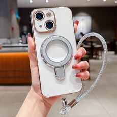 Per iPhone 15 Plus Custodia per telefono con supporto in metallo elettroplaccato a tinta unita con cordino (argento bianco)