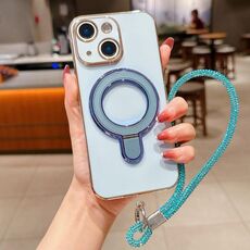 Per iPhone 15 Plus Custodia per telefono con supporto in metallo elettroplaccato a tinta unita con cordino (blu Sierra)
