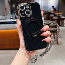 Per iPhone 15 Custodia per telefono con supporto in metallo elettroplaccato a tinta unita con cordino (nero)