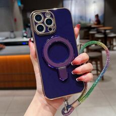 Per iPhone 14 Pro Max Custodia per telefono con supporto in metallo elettroplaccato tinta unita con cordino (viola scuro)