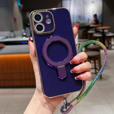 Per iPhone 12 Custodia per telefono con supporto in metallo elettroplaccato a tinta unita con cordino (viola scuro)