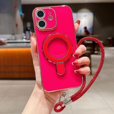 Per iPhone 12 Custodia per telefono con supporto in metallo elettroplaccato a tinta unita con cordino (rosso rosa)