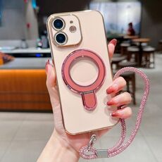 Per iPhone 12 Custodia per telefono con supporto in metallo elettroplaccato a tinta unita con cordino (rosa)