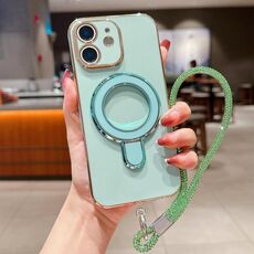 Per iPhone 12 Custodia per telefono con supporto in metallo elettroplaccato a tinta unita con cordino (verde chiaro)