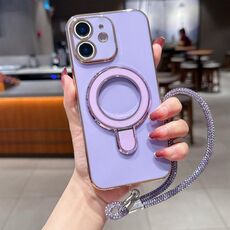 Per iPhone 12 Custodia per telefono con supporto in metallo elettroplaccato a tinta unita con cordino (viola chiaro)