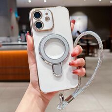 Per iPhone 12 Custodia per telefono con supporto in metallo elettroplaccato a tinta unita con cordino (argento bianco)