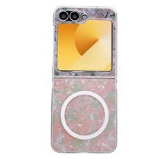Custodia per telefono MagSafe con texture a conchiglia perlescente per Samsung Galaxy Z Flip6 (rosa verde)