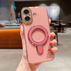 Per iPhone 16 Plus Charm Eye Custodia per telefono con supporto in metallo galvanico (rosa)