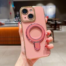 Per iPhone 15 Plus Charm Eye Custodia per telefono con supporto in metallo galvanico (rosa)